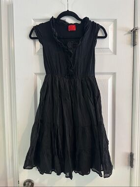 V Cristina Black Sleeveless Ruffle-Trim Tiered Lined Mini Dress